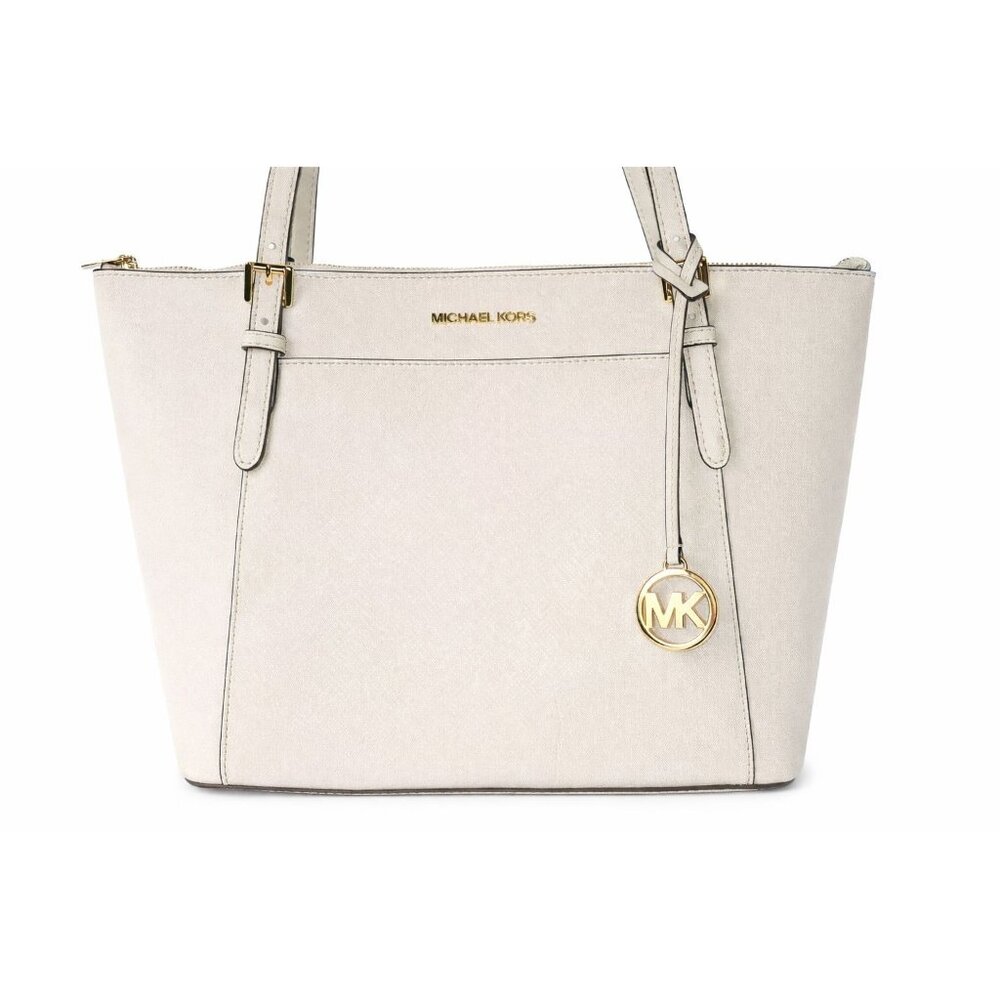 Michael Kors Ciara Large Saffiano Leather Shoulder Double Strap Tote Optic White